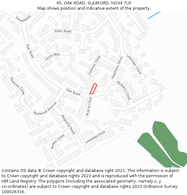 45, OAK ROAD, SLEAFORD, NG34 7UF: Location map and indicative extent of plot