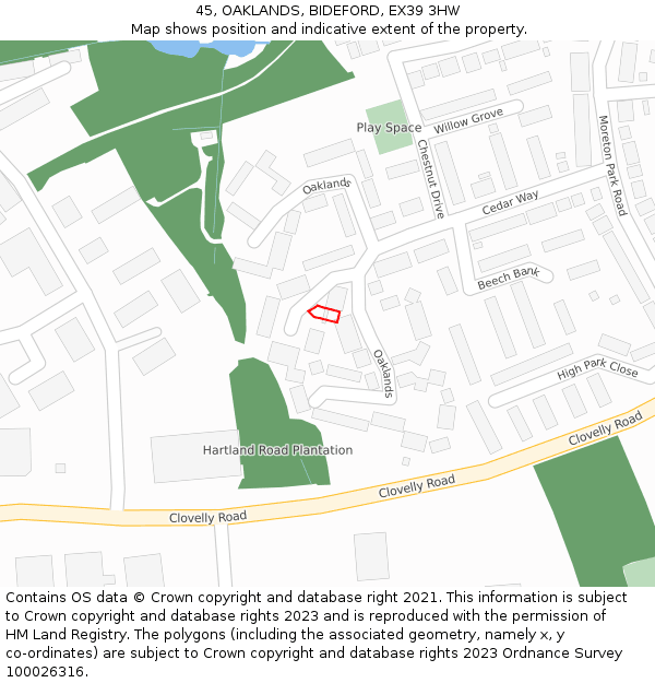 45, OAKLANDS, BIDEFORD, EX39 3HW: Location map and indicative extent of plot