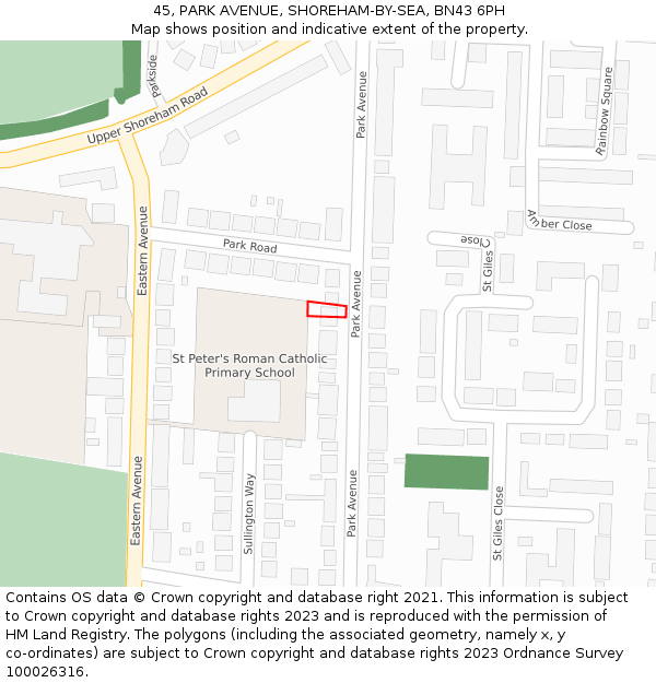 45, PARK AVENUE, SHOREHAM-BY-SEA, BN43 6PH: Location map and indicative extent of plot