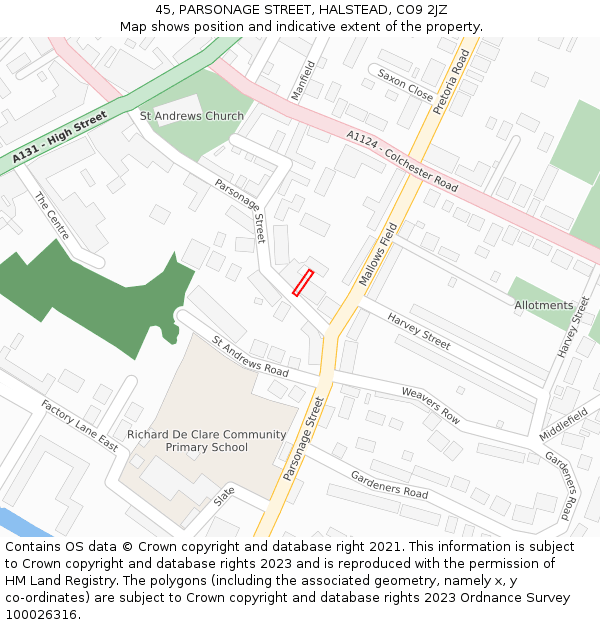 45, PARSONAGE STREET, HALSTEAD, CO9 2JZ: Location map and indicative extent of plot