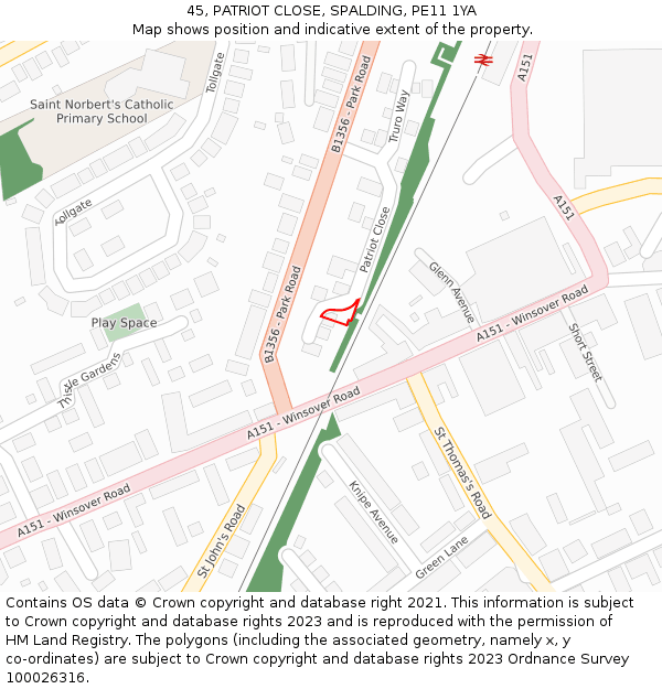 45, PATRIOT CLOSE, SPALDING, PE11 1YA: Location map and indicative extent of plot