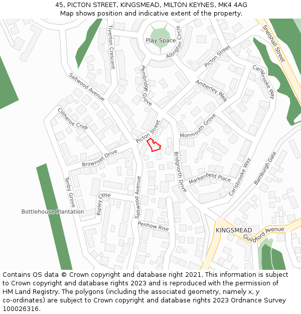 45, PICTON STREET, KINGSMEAD, MILTON KEYNES, MK4 4AG: Location map and indicative extent of plot