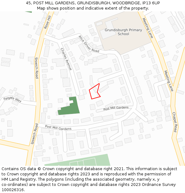 45, POST MILL GARDENS, GRUNDISBURGH, WOODBRIDGE, IP13 6UP: Location map and indicative extent of plot