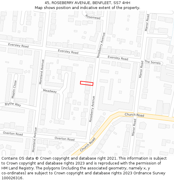 45, ROSEBERRY AVENUE, BENFLEET, SS7 4HH: Location map and indicative extent of plot