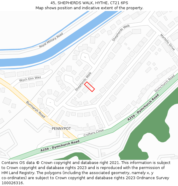 45, SHEPHERDS WALK, HYTHE, CT21 6PS: Location map and indicative extent of plot