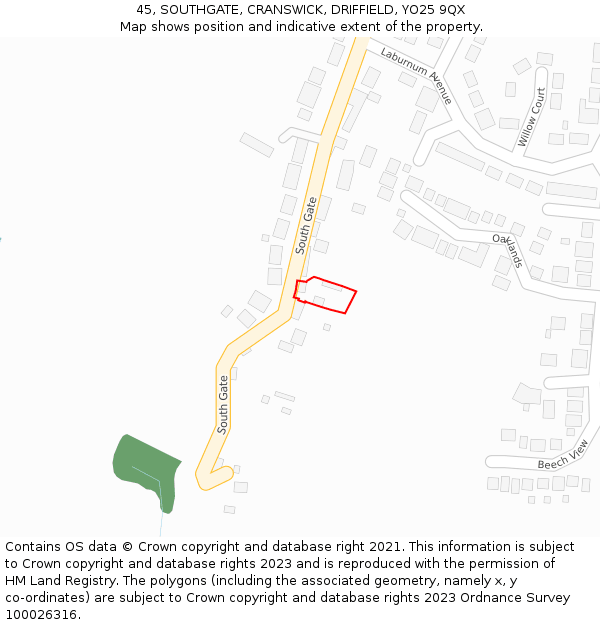 45, SOUTHGATE, CRANSWICK, DRIFFIELD, YO25 9QX: Location map and indicative extent of plot