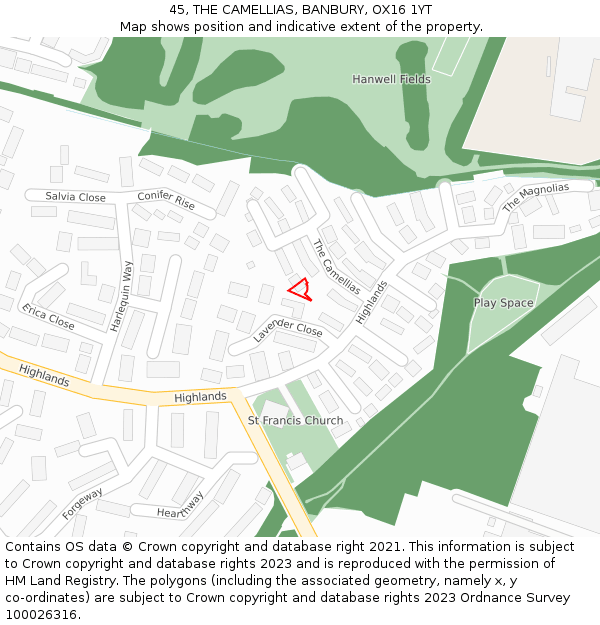 45, THE CAMELLIAS, BANBURY, OX16 1YT: Location map and indicative extent of plot