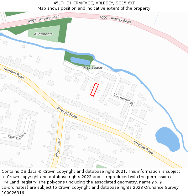 45, THE HERMITAGE, ARLESEY, SG15 6XF: Location map and indicative extent of plot