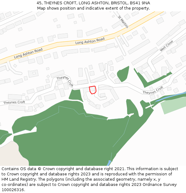 45, THEYNES CROFT, LONG ASHTON, BRISTOL, BS41 9NA: Location map and indicative extent of plot