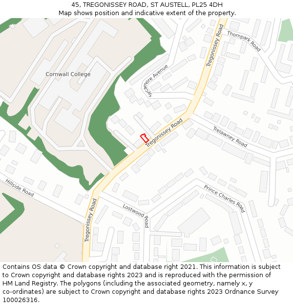 45, TREGONISSEY ROAD, ST AUSTELL, PL25 4DH: Location map and indicative extent of plot