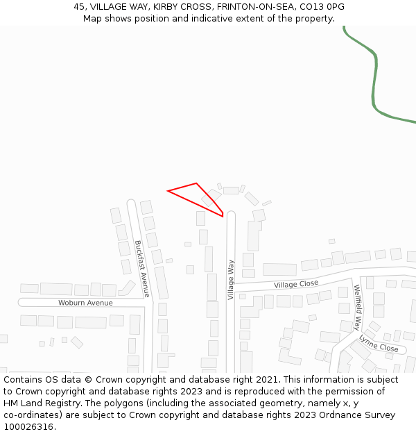 45, VILLAGE WAY, KIRBY CROSS, FRINTON-ON-SEA, CO13 0PG: Location map and indicative extent of plot