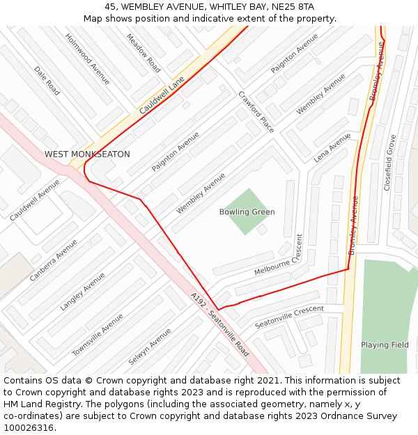 45, WEMBLEY AVENUE, WHITLEY BAY, NE25 8TA: Location map and indicative extent of plot