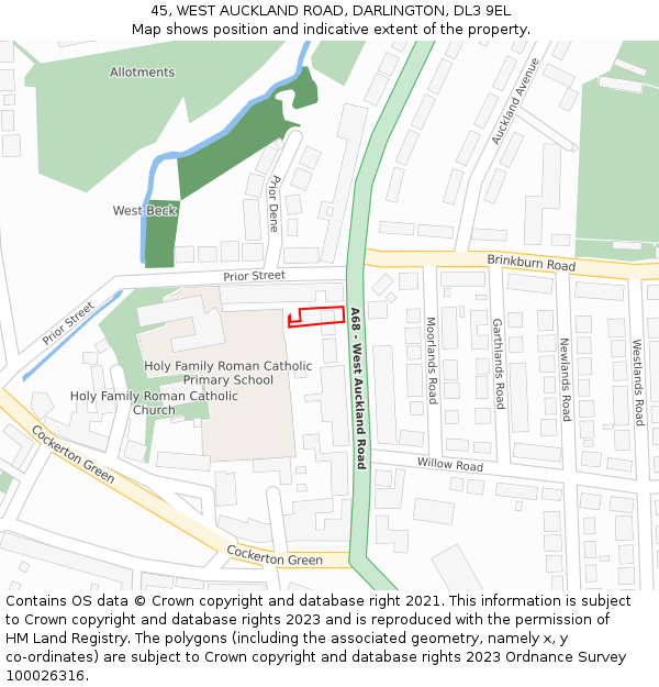 45, WEST AUCKLAND ROAD, DARLINGTON, DL3 9EL: Location map and indicative extent of plot