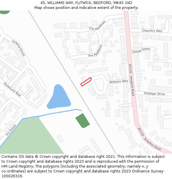 45, WILLIAMS WAY, FLITWICK, BEDFORD, MK45 1XD: Location map and indicative extent of plot