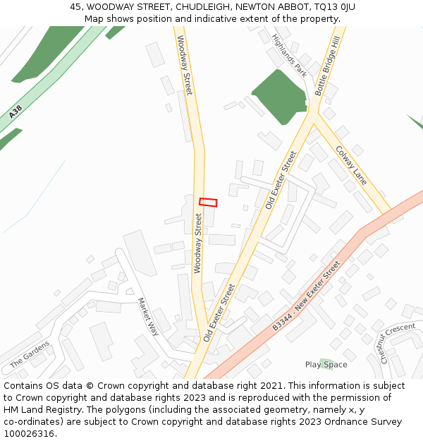 45, WOODWAY STREET, CHUDLEIGH, NEWTON ABBOT, TQ13 0JU: Location map and indicative extent of plot