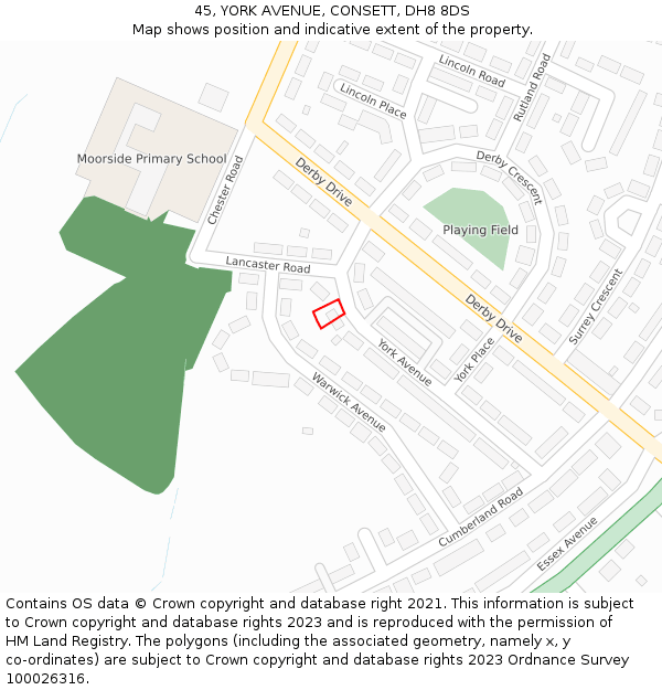 45, YORK AVENUE, CONSETT, DH8 8DS: Location map and indicative extent of plot