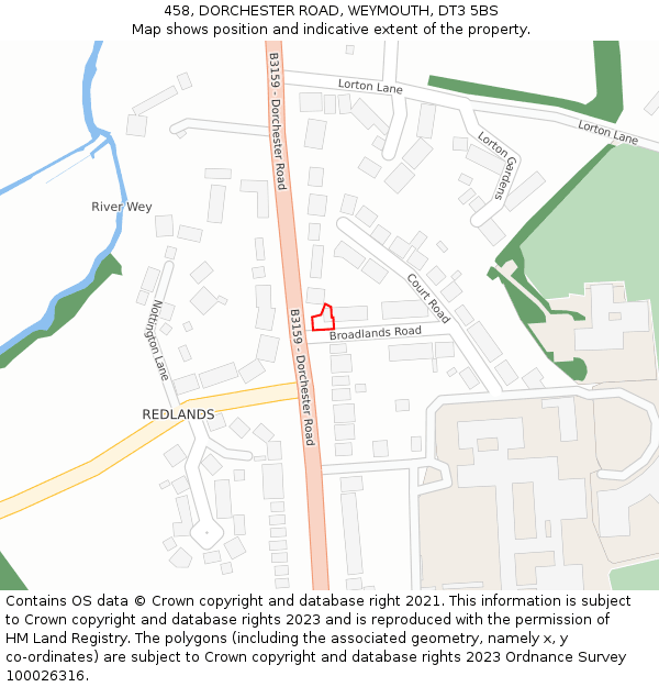 458, DORCHESTER ROAD, WEYMOUTH, DT3 5BS: Location map and indicative extent of plot