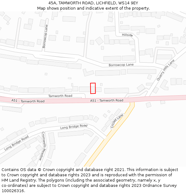 45A, TAMWORTH ROAD, LICHFIELD, WS14 9EY: Location map and indicative extent of plot