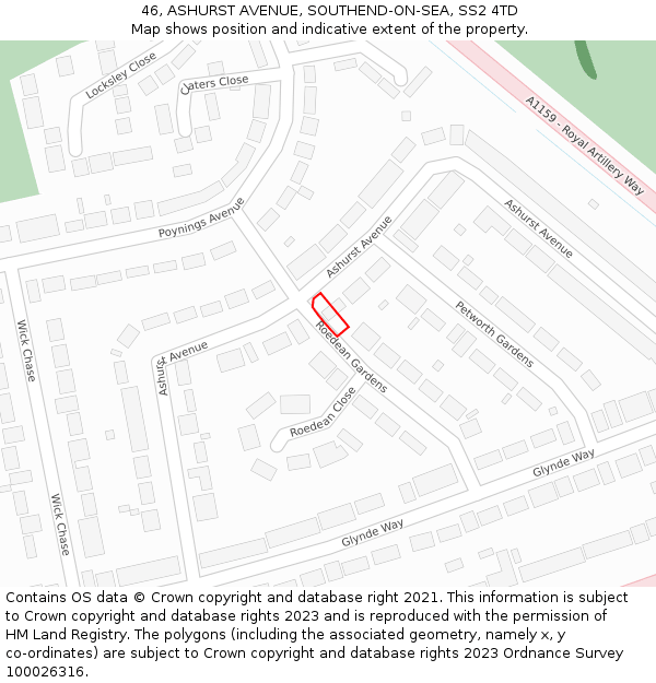 46, ASHURST AVENUE, SOUTHEND-ON-SEA, SS2 4TD: Location map and indicative extent of plot