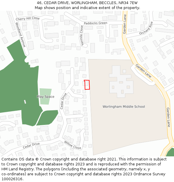 46, CEDAR DRIVE, WORLINGHAM, BECCLES, NR34 7EW: Location map and indicative extent of plot