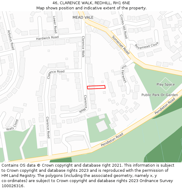 46, CLARENCE WALK, REDHILL, RH1 6NE: Location map and indicative extent of plot