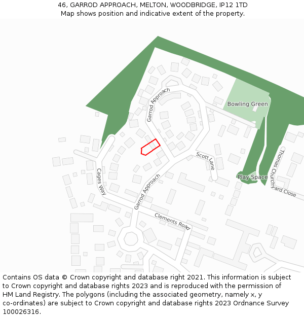 46, GARROD APPROACH, MELTON, WOODBRIDGE, IP12 1TD: Location map and indicative extent of plot