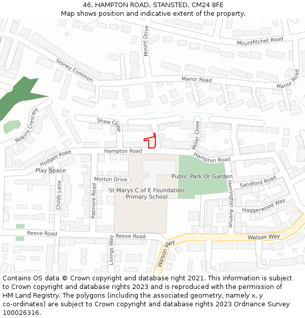 46, HAMPTON ROAD, STANSTED, CM24 8FE: Location map and indicative extent of plot