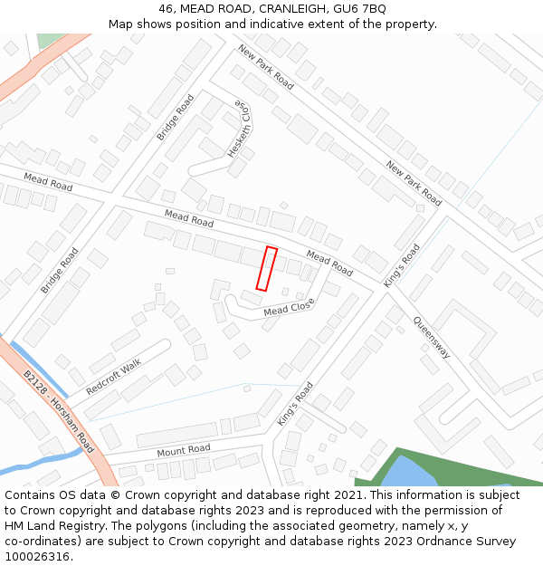 46, MEAD ROAD, CRANLEIGH, GU6 7BQ: Location map and indicative extent of plot