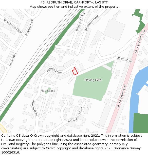 46, REDRUTH DRIVE, CARNFORTH, LA5 9TT: Location map and indicative extent of plot