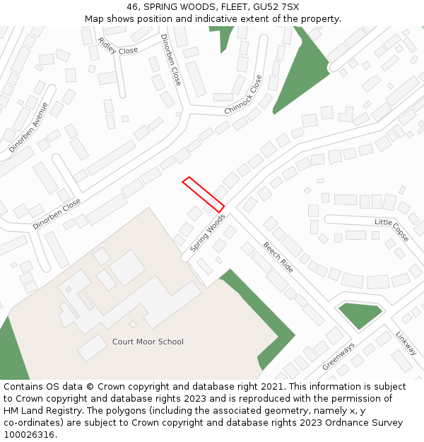 46, SPRING WOODS, FLEET, GU52 7SX: Location map and indicative extent of plot