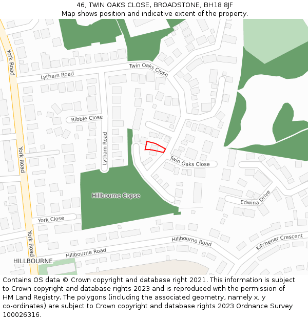 46, TWIN OAKS CLOSE, BROADSTONE, BH18 8JF: Location map and indicative extent of plot