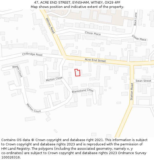 47, ACRE END STREET, EYNSHAM, WITNEY, OX29 4PF: Location map and indicative extent of plot