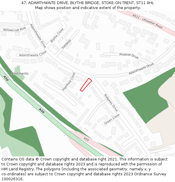 47, ADAMTHWAITE DRIVE, BLYTHE BRIDGE, STOKE-ON-TRENT, ST11 9HL: Location map and indicative extent of plot