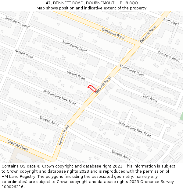 47, BENNETT ROAD, BOURNEMOUTH, BH8 8QQ: Location map and indicative extent of plot