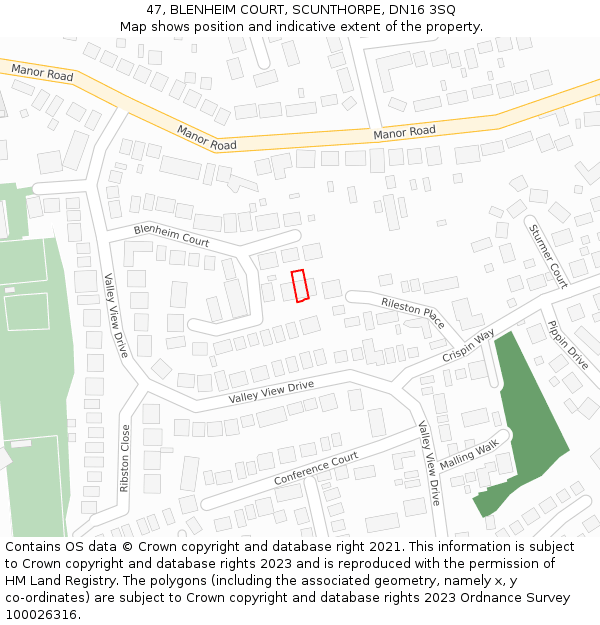 47, BLENHEIM COURT, SCUNTHORPE, DN16 3SQ: Location map and indicative extent of plot