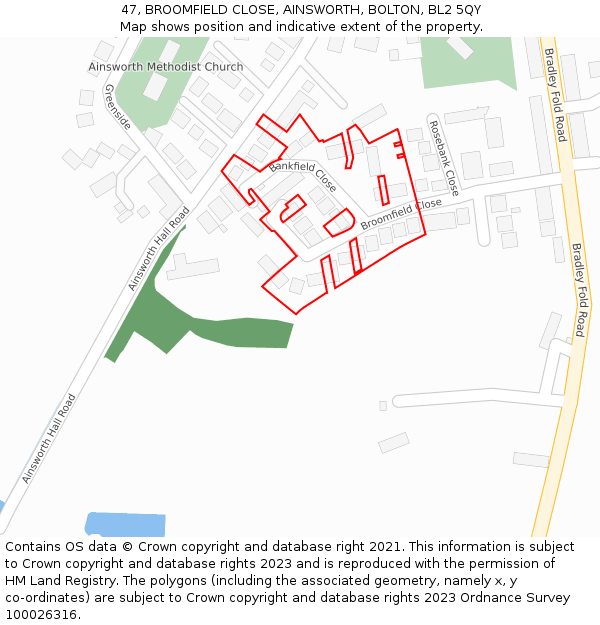 47, BROOMFIELD CLOSE, AINSWORTH, BOLTON, BL2 5QY: Location map and indicative extent of plot