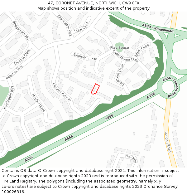 47, CORONET AVENUE, NORTHWICH, CW9 8FX: Location map and indicative extent of plot