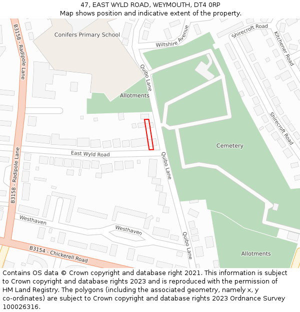 47, EAST WYLD ROAD, WEYMOUTH, DT4 0RP: Location map and indicative extent of plot