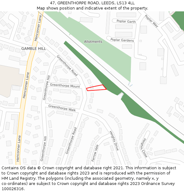 47, GREENTHORPE ROAD, LEEDS, LS13 4LL: Location map and indicative extent of plot