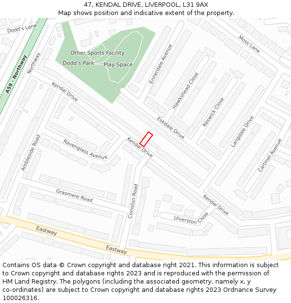 47, KENDAL DRIVE, LIVERPOOL, L31 9AX: Location map and indicative extent of plot
