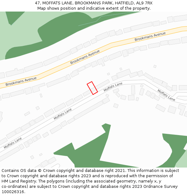 47, MOFFATS LANE, BROOKMANS PARK, HATFIELD, AL9 7RX: Location map and indicative extent of plot