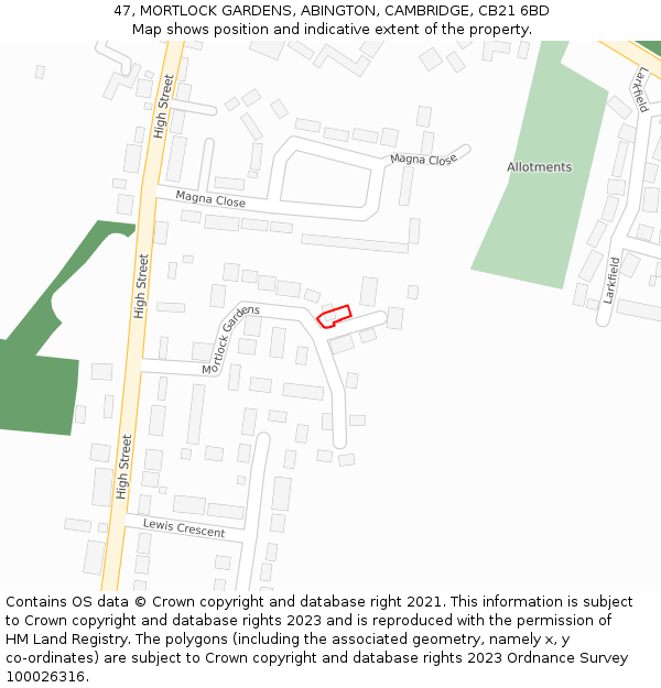 47, MORTLOCK GARDENS, ABINGTON, CAMBRIDGE, CB21 6BD: Location map and indicative extent of plot