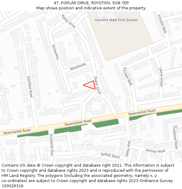 47, POPLAR DRIVE, ROYSTON, SG8 7EP: Location map and indicative extent of plot