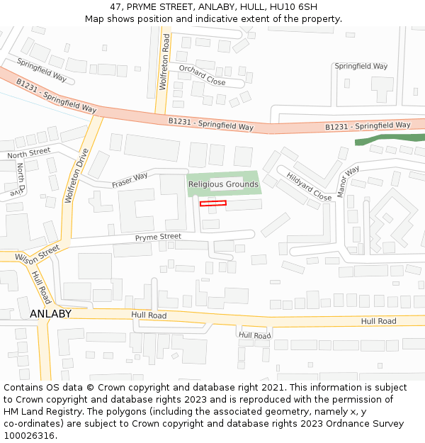 47, PRYME STREET, ANLABY, HULL, HU10 6SH: Location map and indicative extent of plot