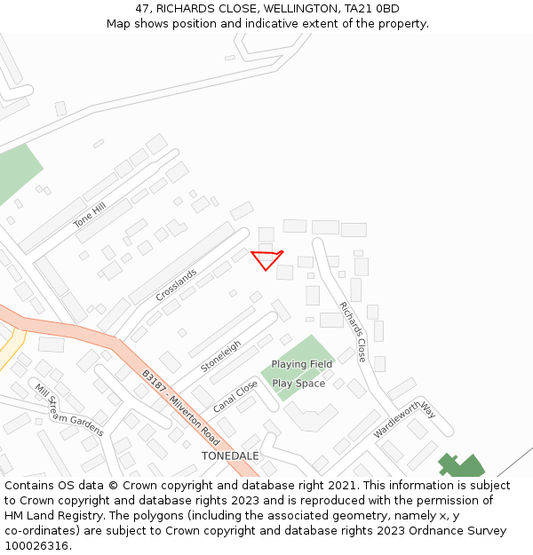 47, RICHARDS CLOSE, WELLINGTON, TA21 0BD: Location map and indicative extent of plot