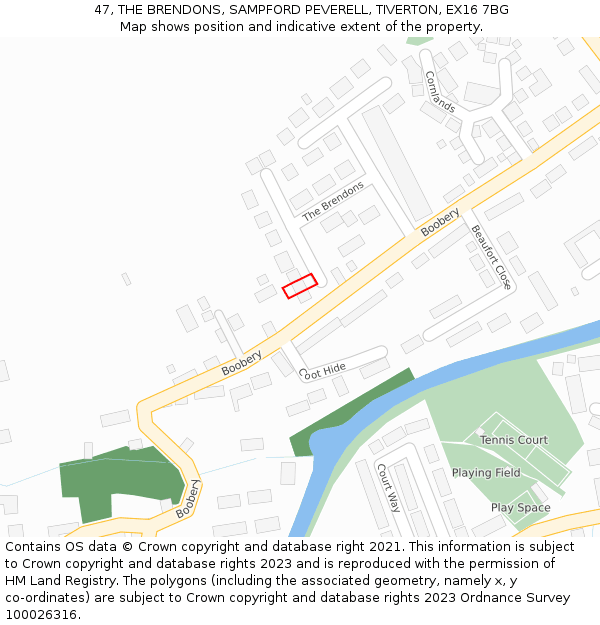 47, THE BRENDONS, SAMPFORD PEVERELL, TIVERTON, EX16 7BG: Location map and indicative extent of plot