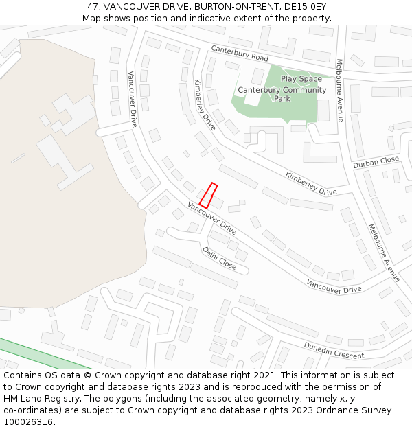47, VANCOUVER DRIVE, BURTON-ON-TRENT, DE15 0EY: Location map and indicative extent of plot