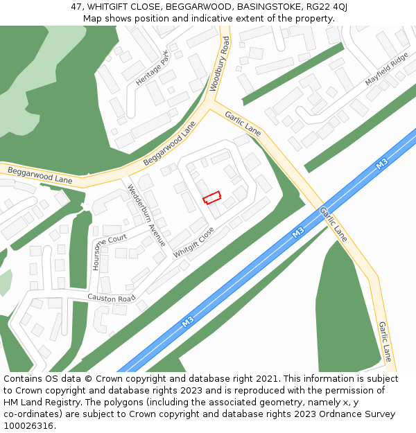 47, WHITGIFT CLOSE, BEGGARWOOD, BASINGSTOKE, RG22 4QJ: Location map and indicative extent of plot