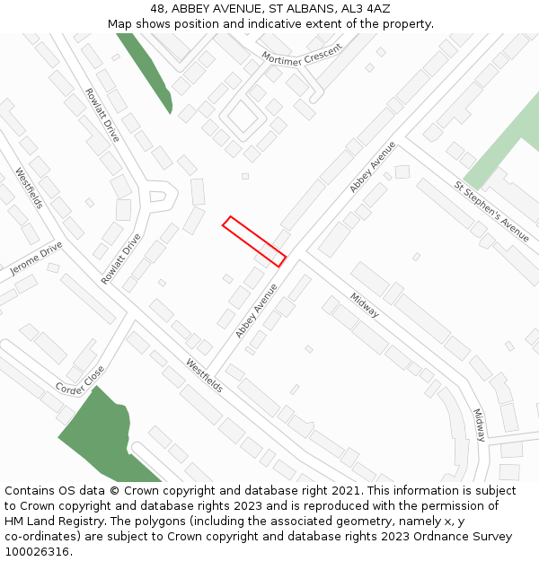 48, ABBEY AVENUE, ST ALBANS, AL3 4AZ: Location map and indicative extent of plot