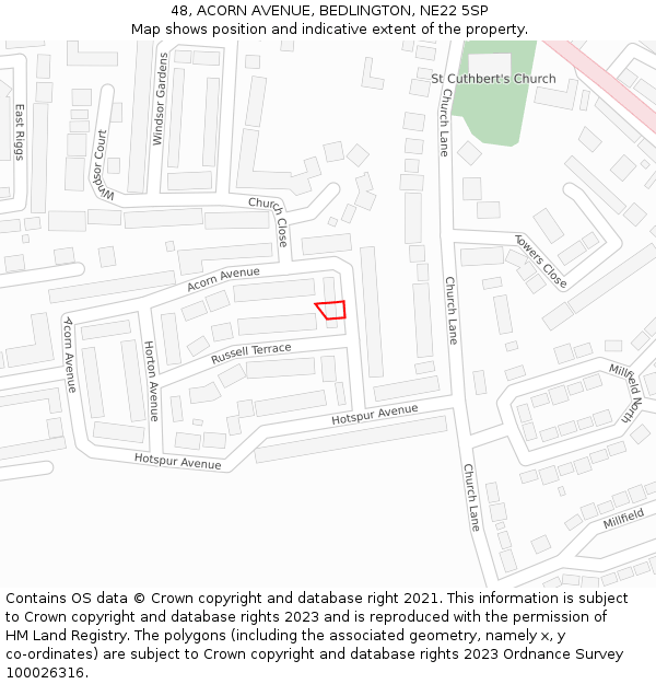 48, ACORN AVENUE, BEDLINGTON, NE22 5SP: Location map and indicative extent of plot